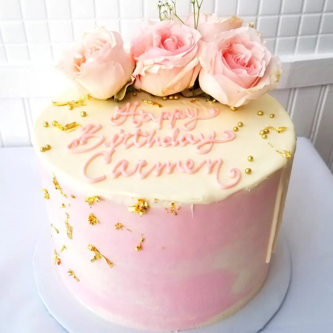 Pink flower with golden balls Girl Birthday Cake