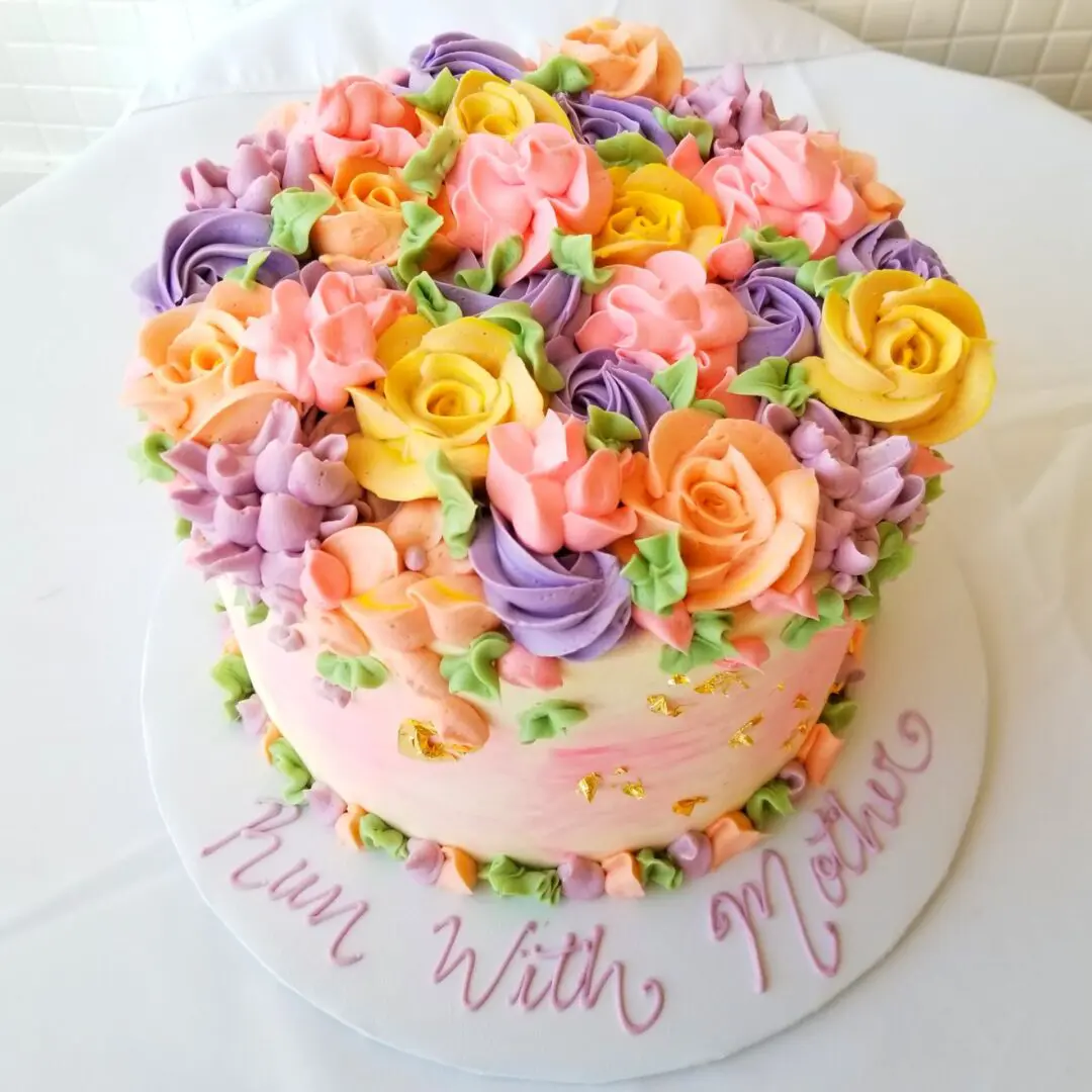 Run with mother colorful flowery Girl Birthday Cake