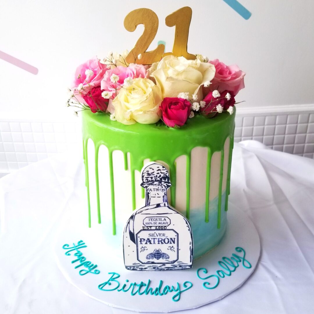 Silver Patron 21st flowery Girl Birthday Cake