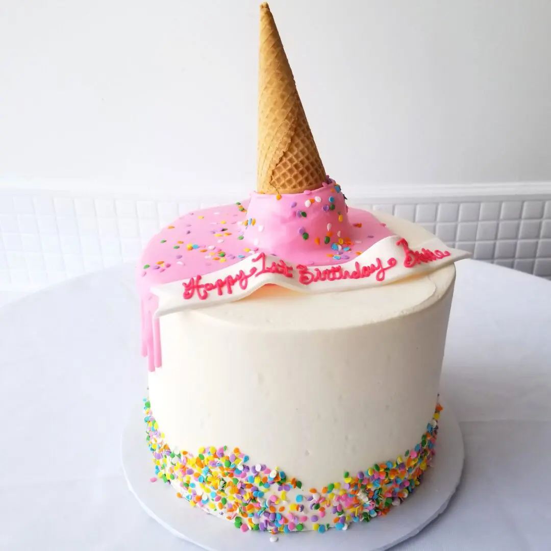 White and pink sparkel with cone Girl Birthday Cake