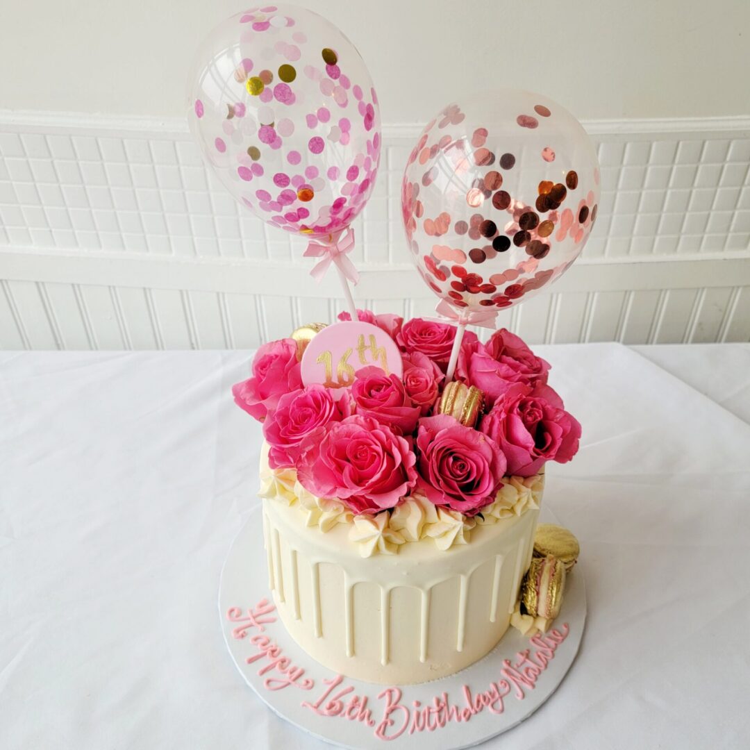 Pink rose with baloons Girl Birthday Cake