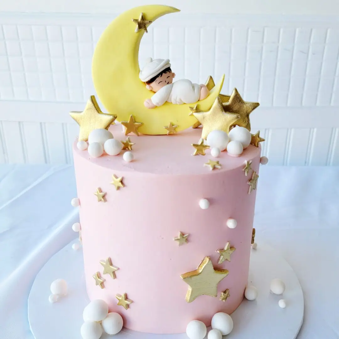 A pink cake with a moon topper