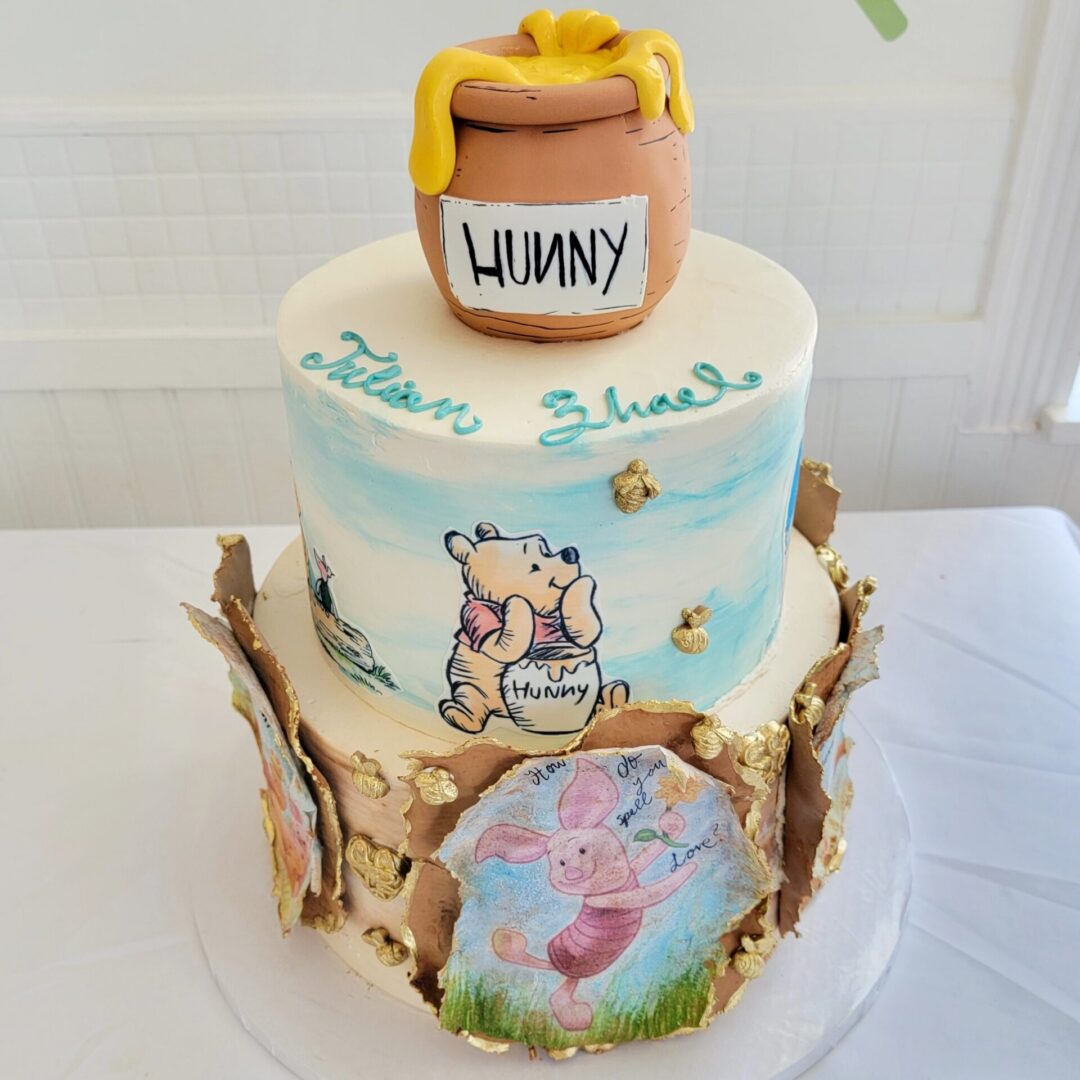 A cake with Winnie The Pooh and Piglet