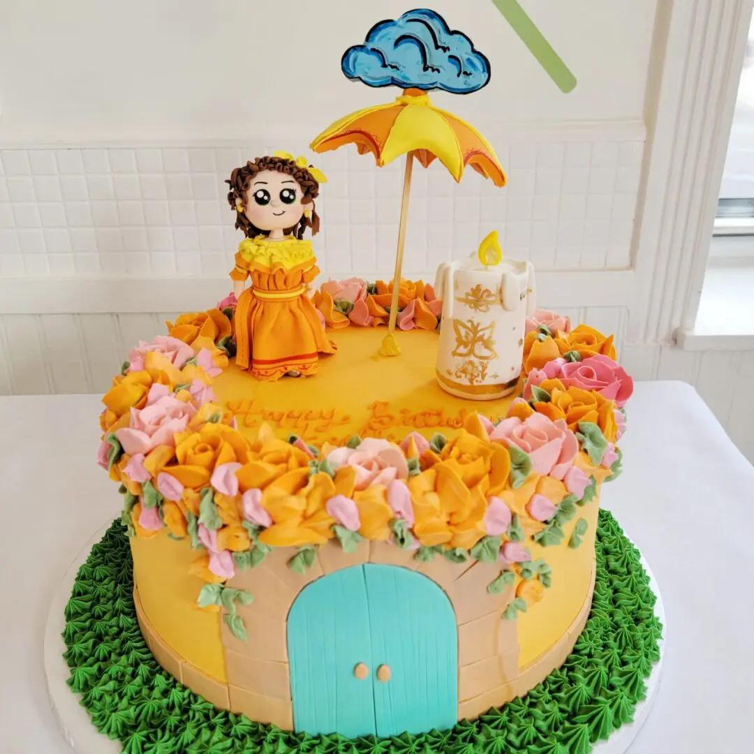 Woman beside umbrella Girl Birthday Cake