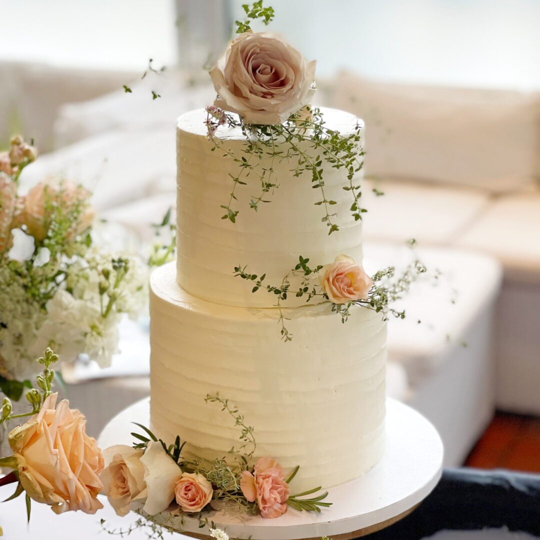 Two tier rose with leaf decorated Wedding Cake