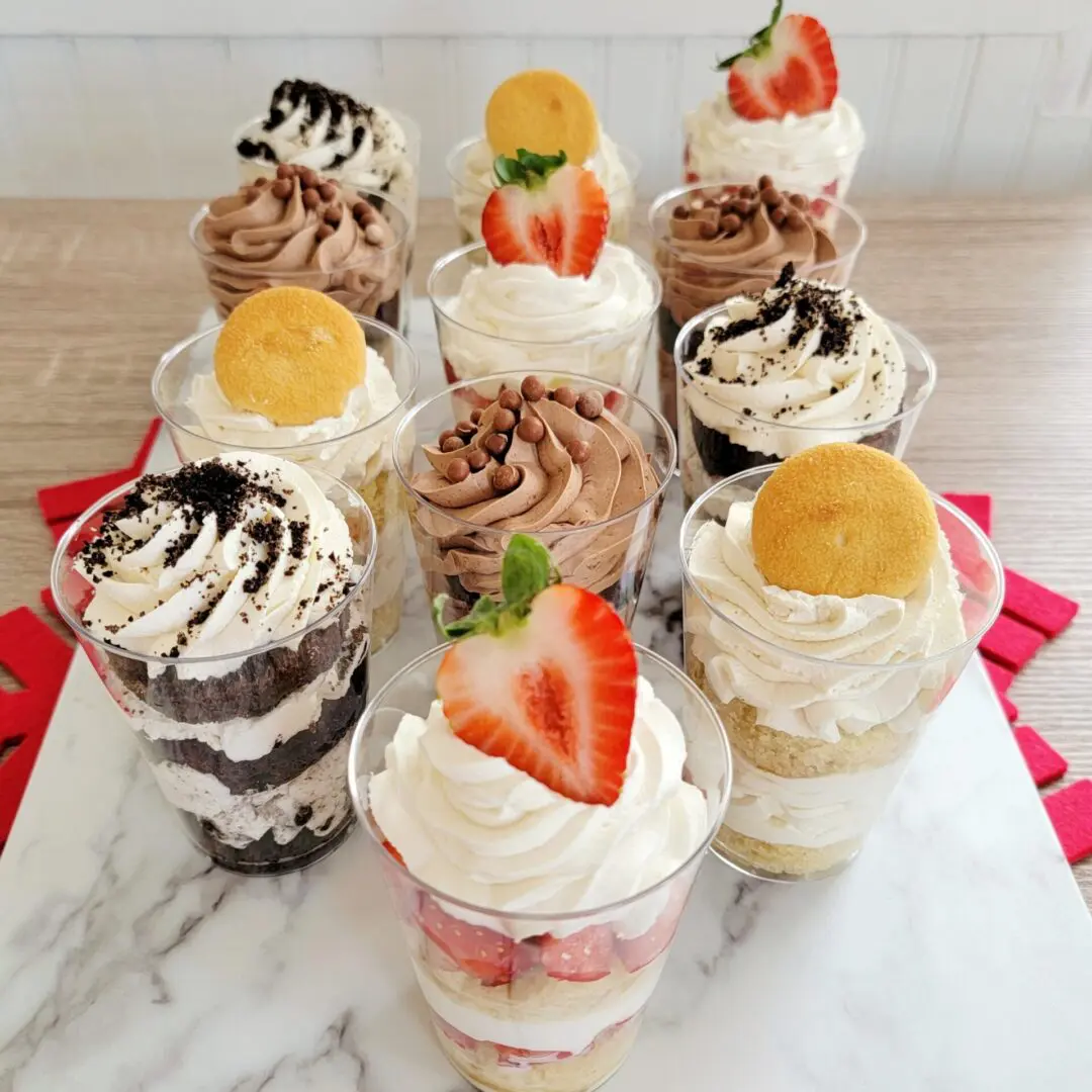 Cake Cups with different flavors on a table